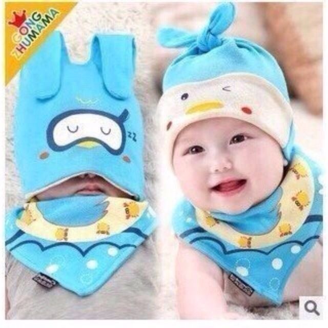 Mũ Kèm Khăn Yếm Cotton 2 Lớp Mềm Mại Cho Bé