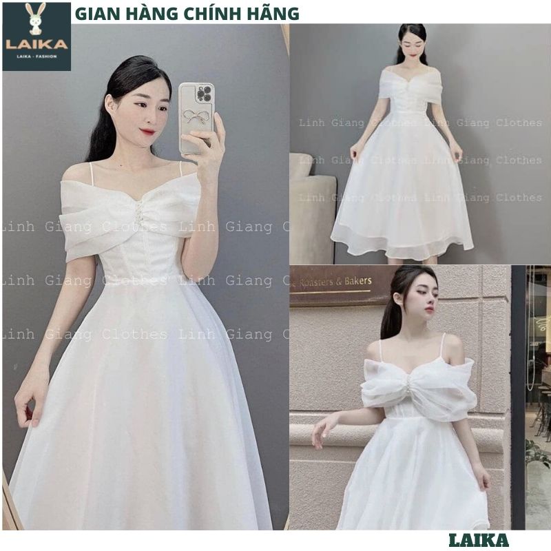 Váy nữ trễ vai hai dây thiết kế nơ ngực đính ngọc xoè sang chảnh, quý phái phù hợp dạo phố đi tiệc - LAIKA
