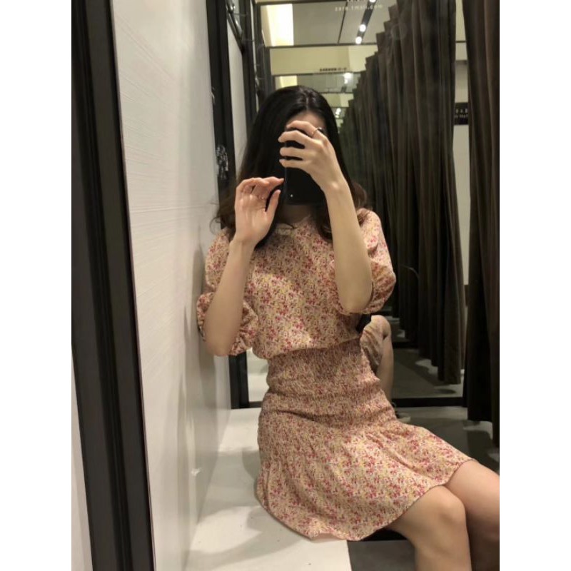 Váy hoa nhí vintage đẹp cổ tròn nhún eo nhẹ mát đi làm đi du lịch