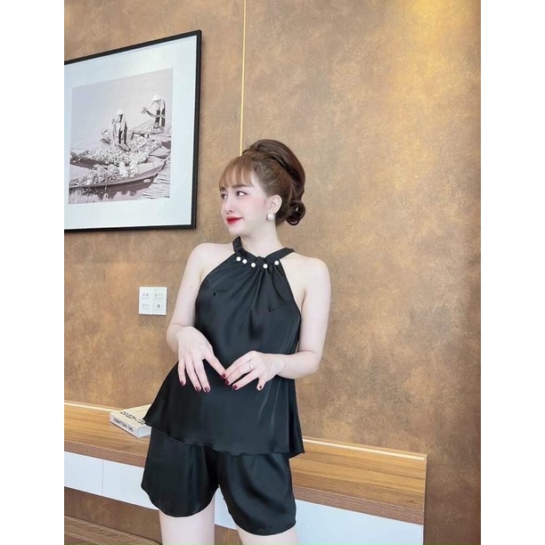 Bộ Ngủ Sexy- Yếm Ngủ Satin Đính Hạt Form 40-55kg