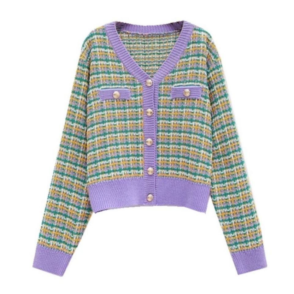 Áo khoác len cardigan họa tiết sọc caro phong cách Hàn Quốc thời trang cho nữ
