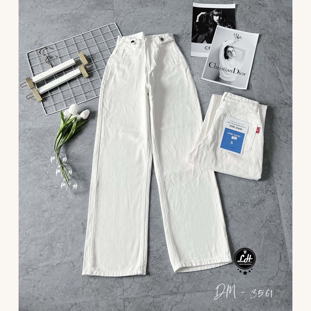 Quần jean trắng, quần bò ống suông nữ màu trắng trơn ulzzang  có bass lưng siêu cao Lê Huy Fashion 3561