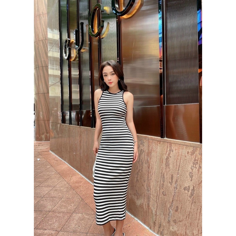 Đầm 3 lỗ ôm body sọc màu theo viền dáng dài cực hot  hit , chất thun gân dày dặn mk
