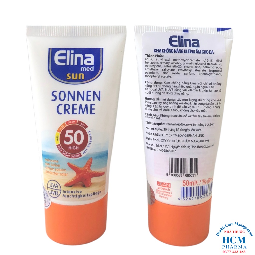 Kem chống nắng dưỡng ẩm chăm sóc cho da mặt body ELINA SONNENCREME nhập khẩu Đức tuýp 50ml DVN09