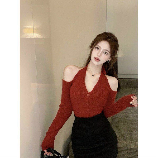 Áo kiểu cổ v hàng nút trước tay dài khoét vai sexy chất thun gân NCS35