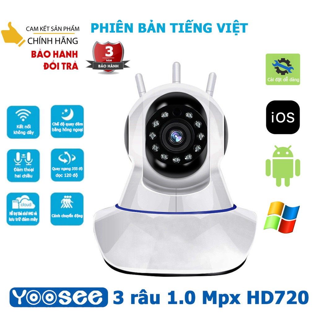 Camera Yoosee/CareCam 3 râu chính hãng phiên bản Tiếng Việt hoàn toàn mới (không dây, 360 độ, đàm thoại 2 chiều)