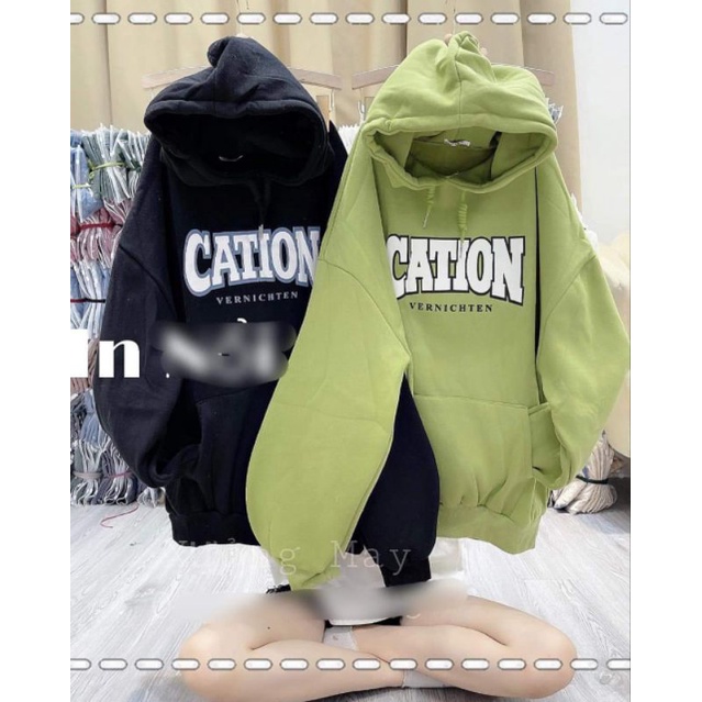 Áo Hoodie Cation Form Thụng Tay Lỡ Mũ 2 Lớp Dày Dặn, Chữ In Nổi Kiểu Dáng Trẻ Trung Năng Động