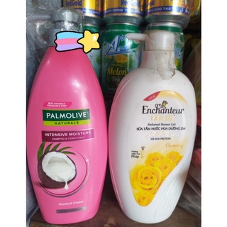Dầu gội pamolive sữa dừa chai 600ml, sữa tắm Enchanteur chai 650g