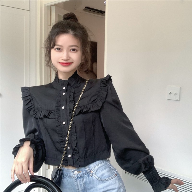 Áo kiểu tay dài cổ cao đính nút bằng gỗ thời trang phong cách retro | BigBuy360 - bigbuy360.vn