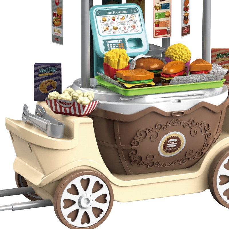 Bộ đồ chơi xe đẩy,vali kéo đầu bếp,bán hàng ăn nhanh lưu động thông minh màu vàng nâu cho bé trai, gái bằng nhựa hộp to