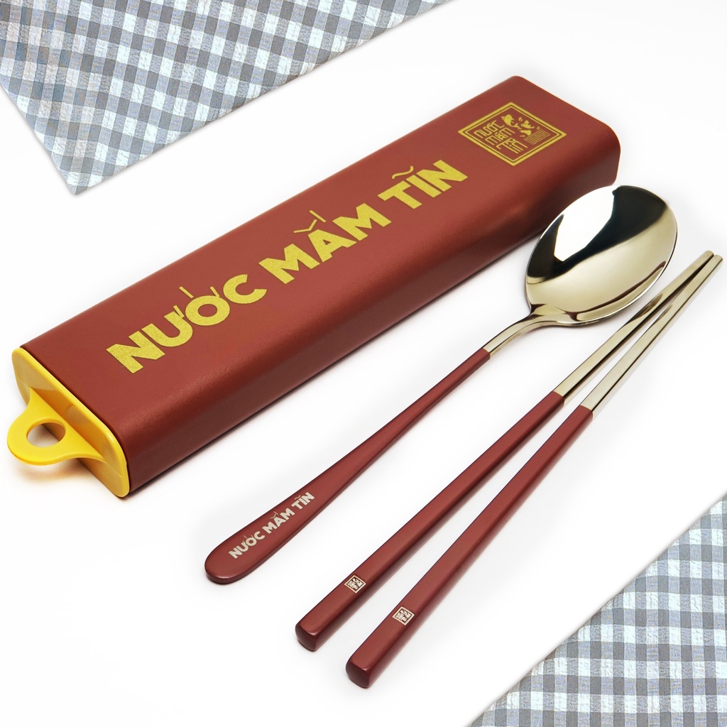 Bộ muỗng đũa Inox cao cấp không gỉ kèm hộp sang trọng Nước Mắm Tĩn du lịch, văn phòng an toàn, tiện