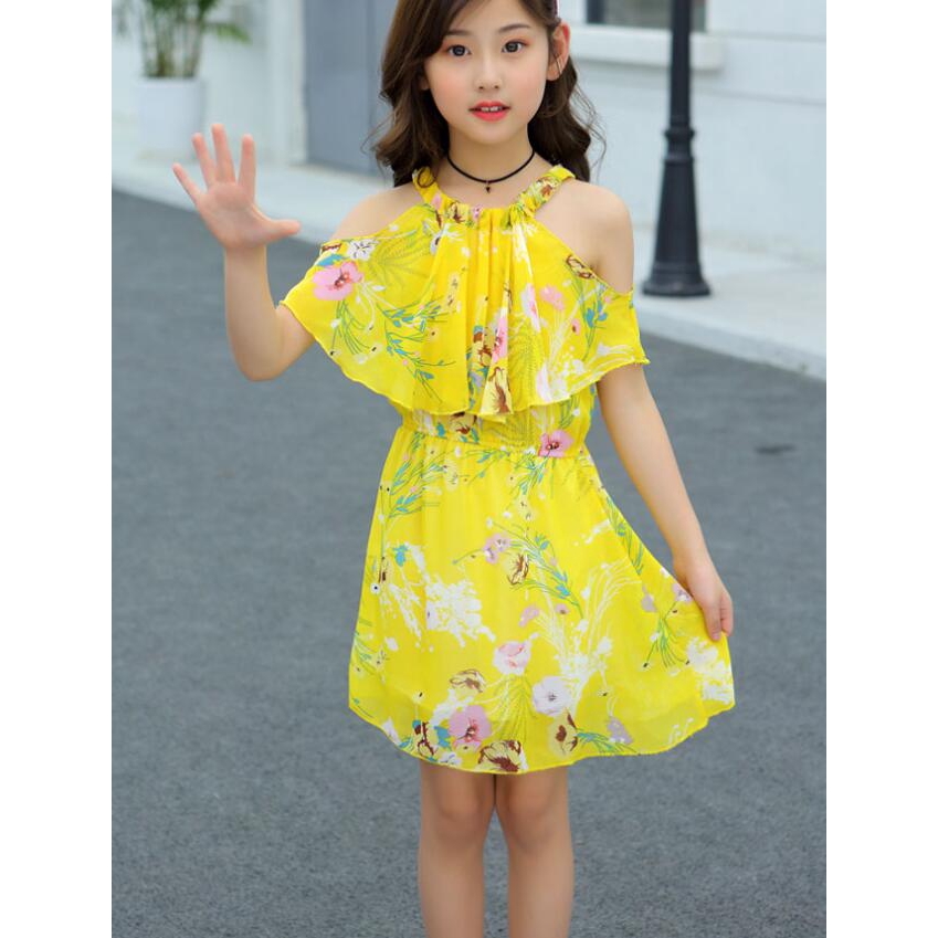 ✨CindyMom✨ Váy Cho Bé Gái - Hoa Văn Màu Vàng - Đầm Voan Dây - Váy Lạnh Vai Cho Bé Gái - Quần áo Bé Gái (13 -36kg)