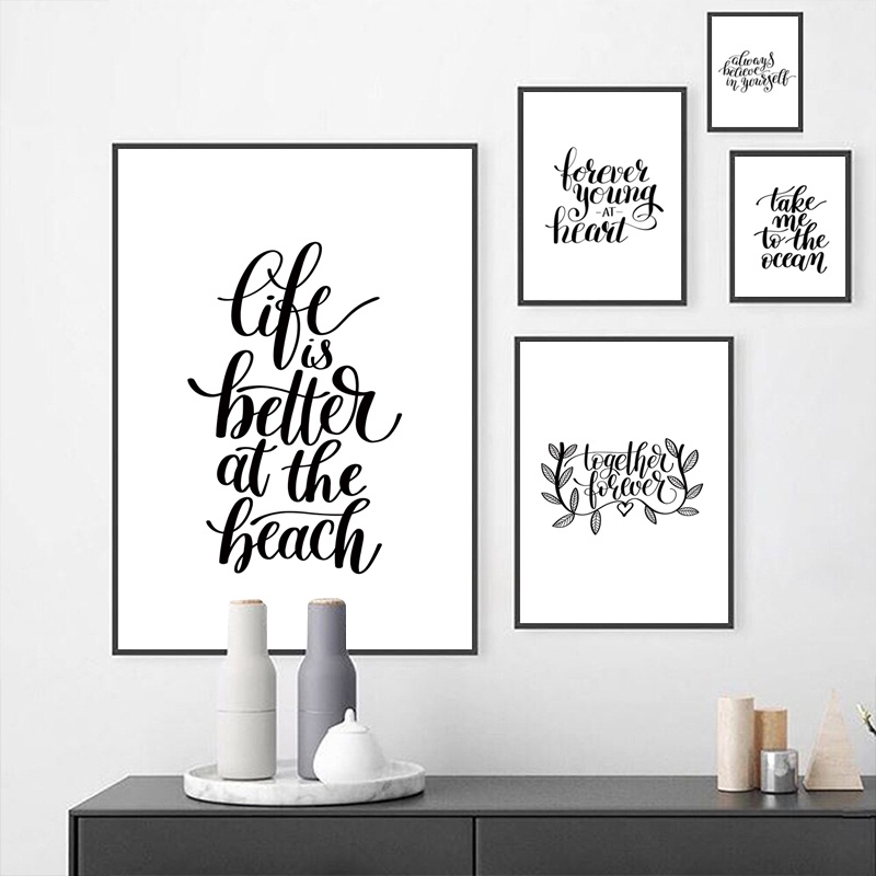 Tranh Vải Treo Tường In Câu Trích Dẫn Cảm Hứng Màu Trắng Đen Trang Trí Phòng Khách / Phòng Ngủ