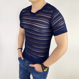 Áo thun lưới ngắn tay kẻ ngang mùa hè cho nam