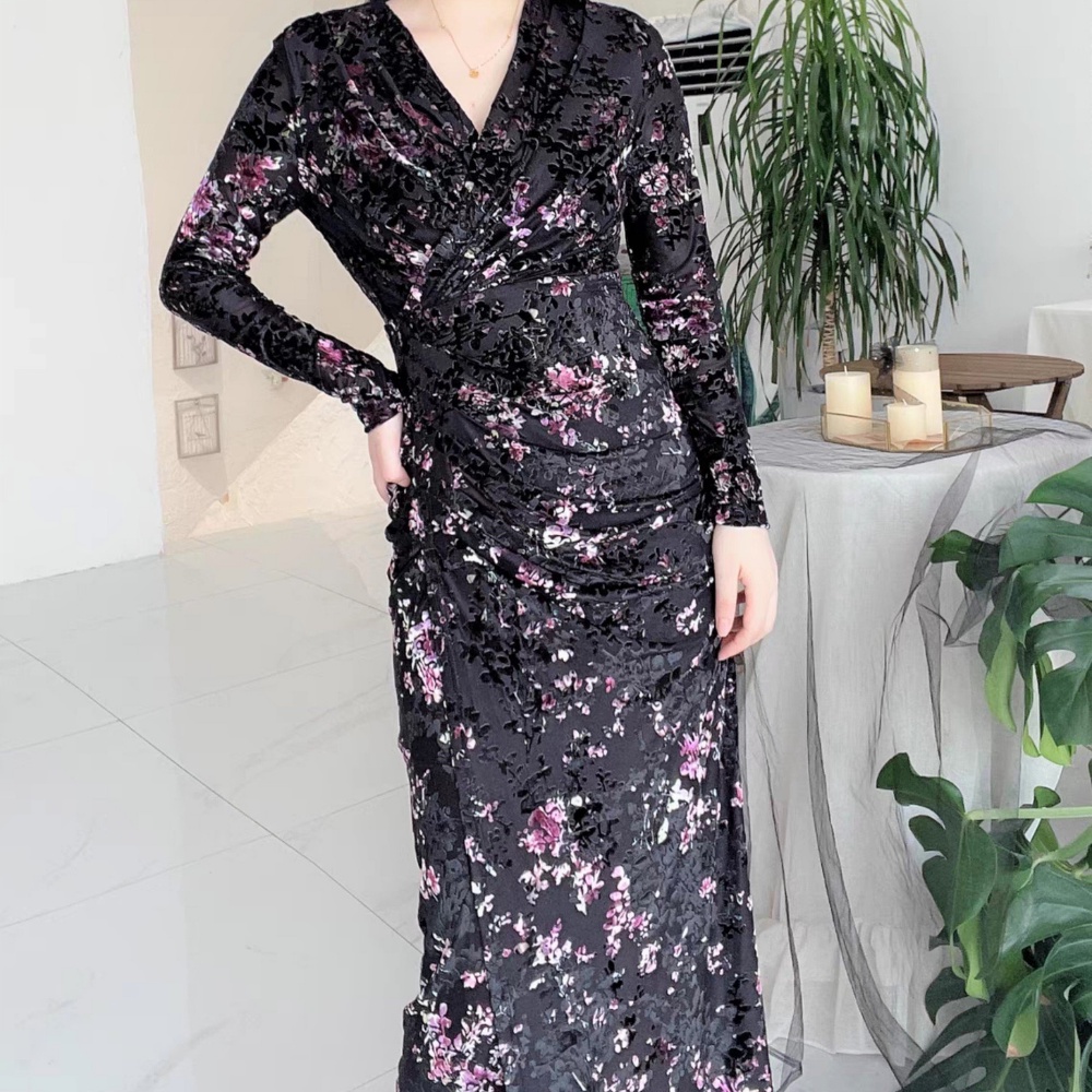 Đầm Body Kann Model Nhún Eo Cổ Chữ V Dài Tay Họa Tiết Hoa Tím Che Khuyết Điểm Tôn Dáng vải Chiffon HV73