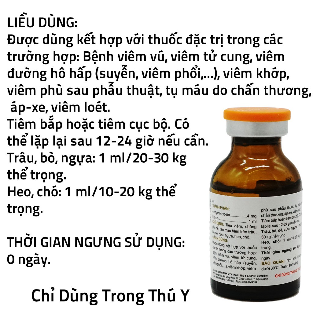CHYMOSIN FORT Dùng cho tiêu viêm, chống phù nề, tan máu bầm trên trâu, bò, dê, cừu, ngựa, heo, chó (chai 20ml)