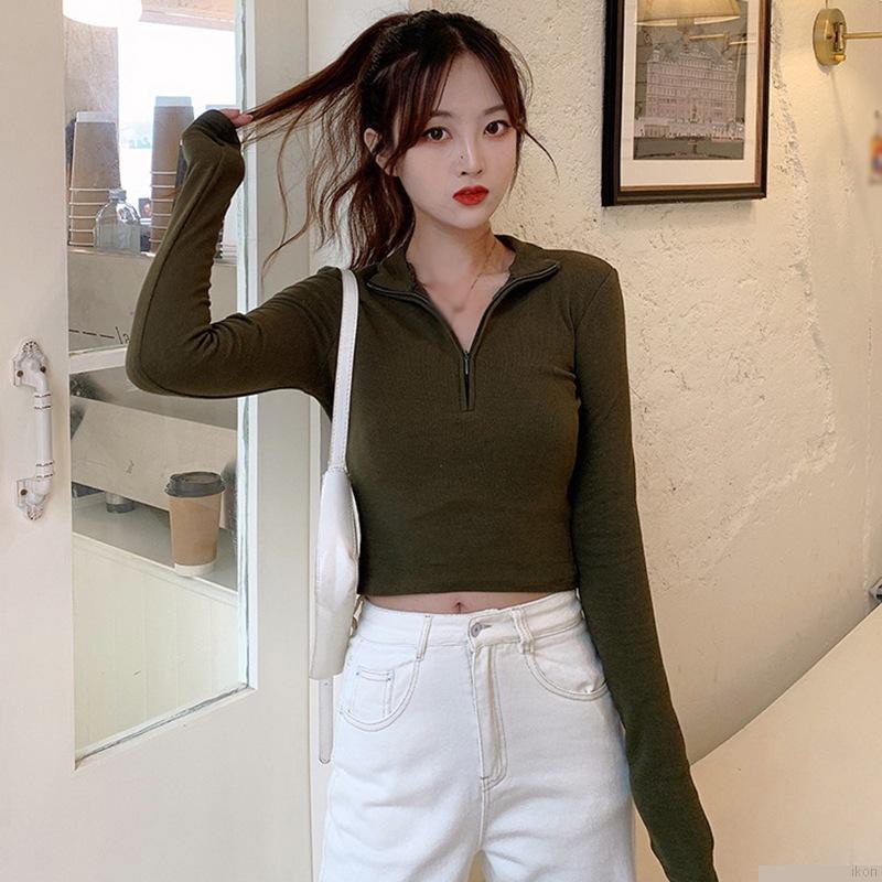 Áo croptop tay dài màu sắc đơn giản cho nữ chất lượng cao