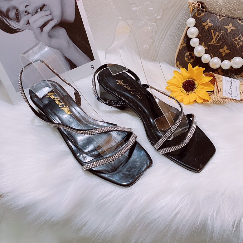 [Sale sập sàn] Dép sandal quai mảnh đá kép phối chéo gót vuông 4p lên chân cực xinh