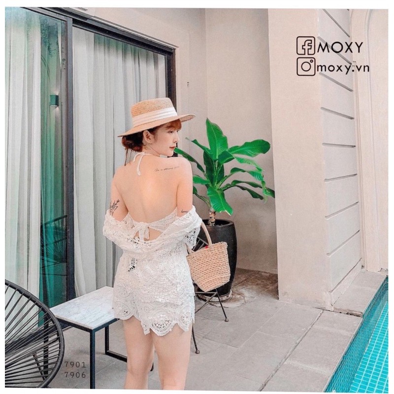 Set biển - set 3 món - bra vây cá mix ngọc + quần ren hoa sóng + choàng (có tách rời)