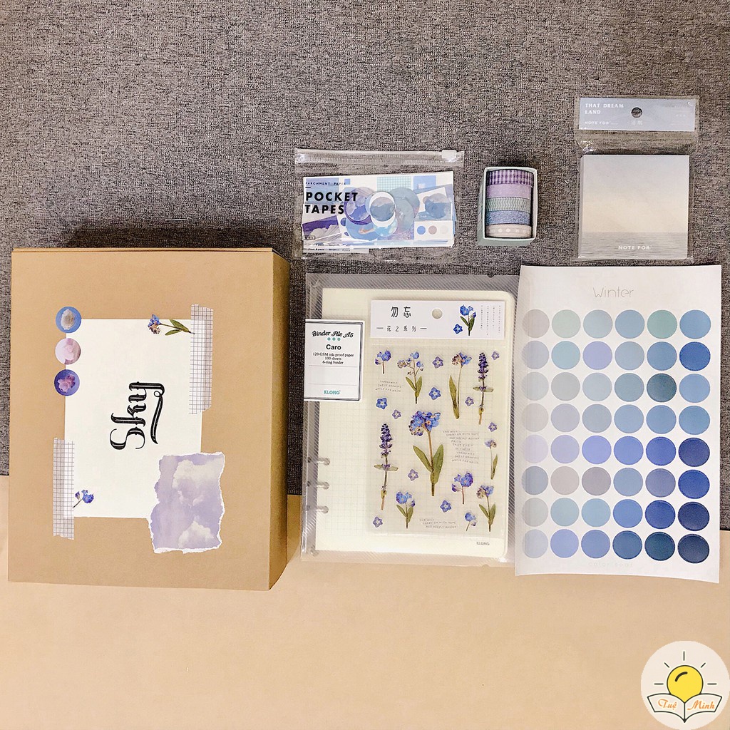 Set trang trí sổ Bullet Journal Vintage gồm binder sổ còng Klong, washi tape, sticker, hộp kraft quà tặng