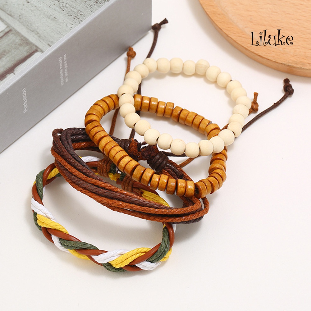 Bộ 4 Vòng Tay Dây Bện Giả Da Trang Trí Hạt Gỗ Phong Cách Cổ Điển Cho Nữ