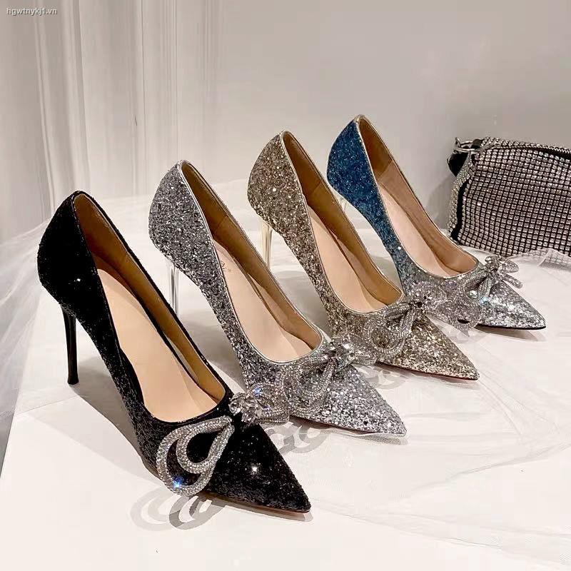 ✑❆✎Silver high heels female 2021 new spring and autumn stiletto bow, pointed toe rhinestone sequin crystal princess wedding shoes
