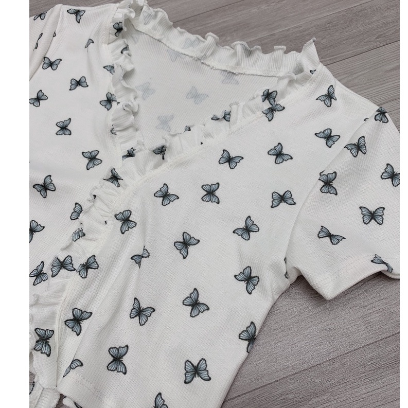 Áo croptop kiểu Hàn Quốc 2023 ôm body dây cột lưng họa tiết bướm đẹp dễ thương