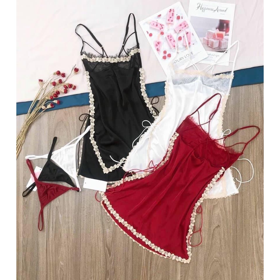 Váy ngủ lụa satin sexy đan dây hông phối ren hoa nhí dọc hông xinh xắn