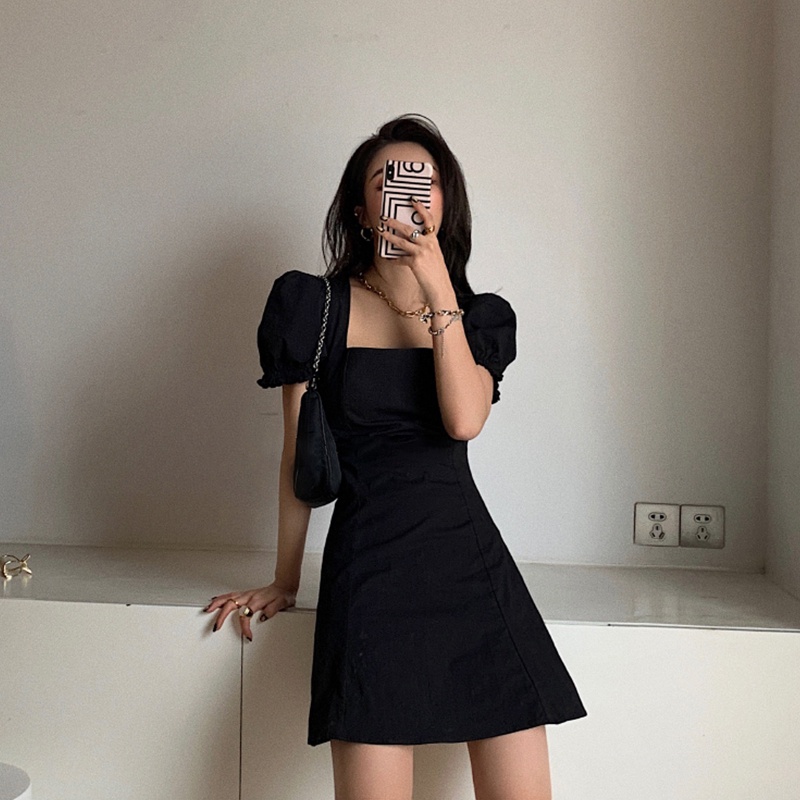 Đầm Cổ Vuông Màu Đen Trơn Phong Cách Hàn Quốc Thời Trang Mùa Hè Cho Nữ