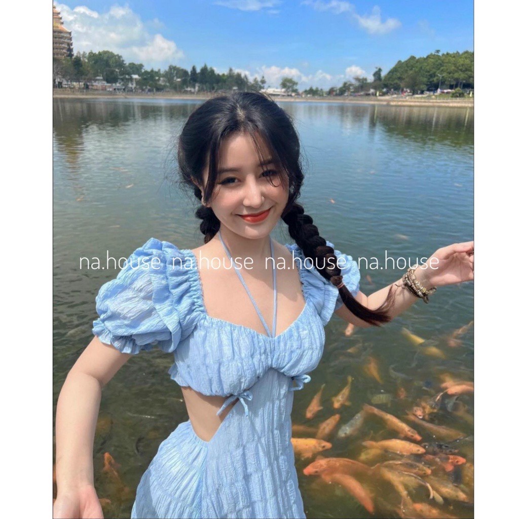 Đầm Maxi cổ yếm bo lưng đi chơi biển SIKY Váy xốp trễ vai thiết kế hai lớp sang trọng MX01
