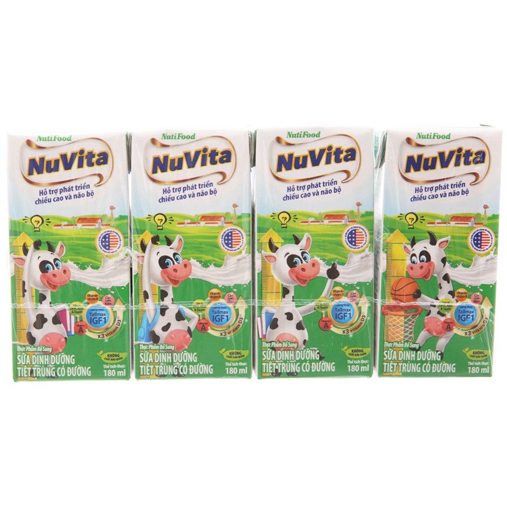 Lốc 4 hộp sữa tiệt trùng có đường Nuvita 180ml