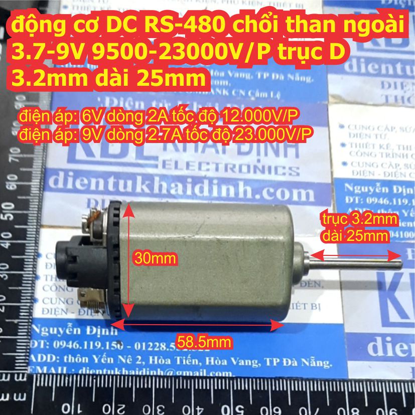 Động cơ DC RS-480, chổi than ngoài, 3.7-9V 9500-23000V/P trục D 3.2mm dài 25mm kde2517