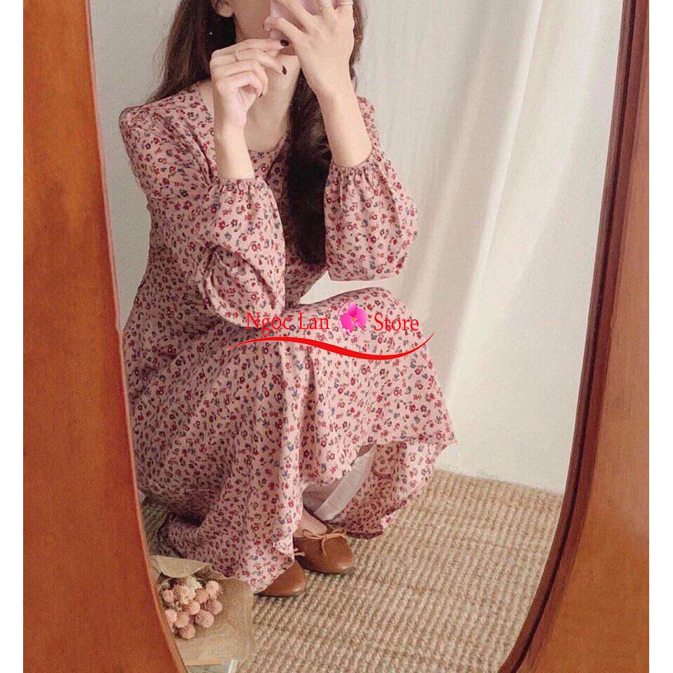 Đầm Hoa Nhí Dáng Dài 2 Lớp - Váy Hoa Vintage Thắt Nơ Eo