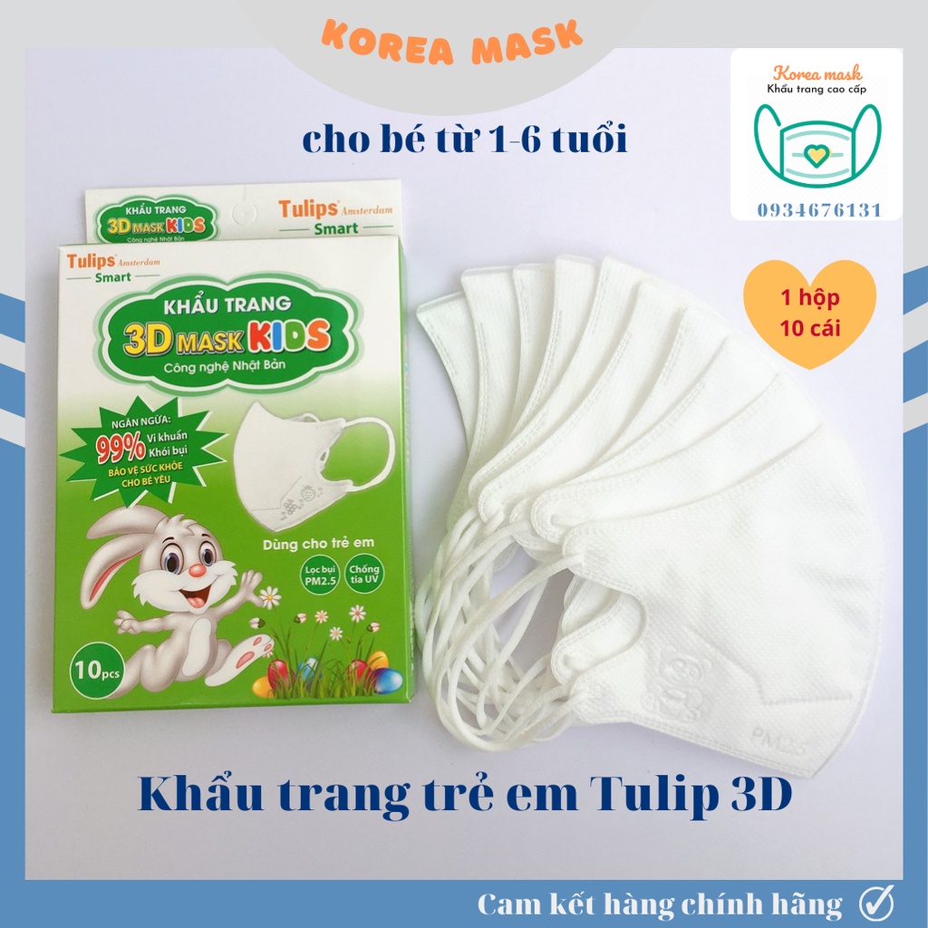 Khẩu trang trẻ em 3D Mask Kids Tulip Hộp 10 chiếc cho bé từ 1 tuổi đến 6 tuổi màu trắng
