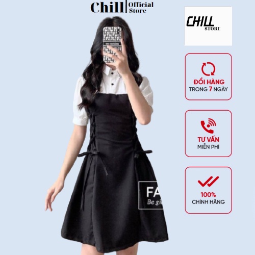 Váy sơ mi cộc tay phối màu đan dây eo dáng suông ulzzang Chillfashion