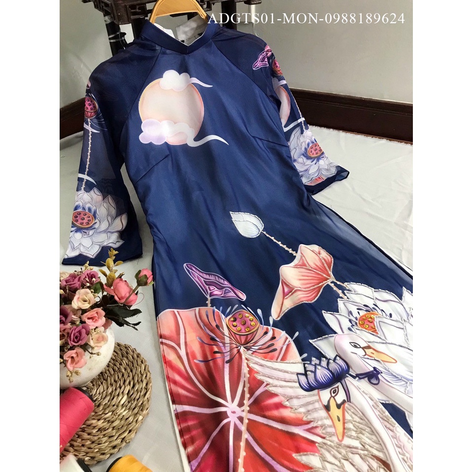 Áo Dài Cách Tân Nữ Thiết Kế Tơ Sen Mềm Mịn Màu Xanh Than