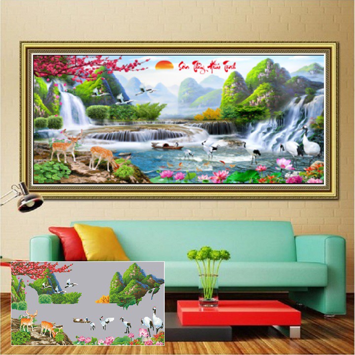 Tranh thêu chữ thập Phong Cảnh 3D Sơn Thủy Hữu Tình