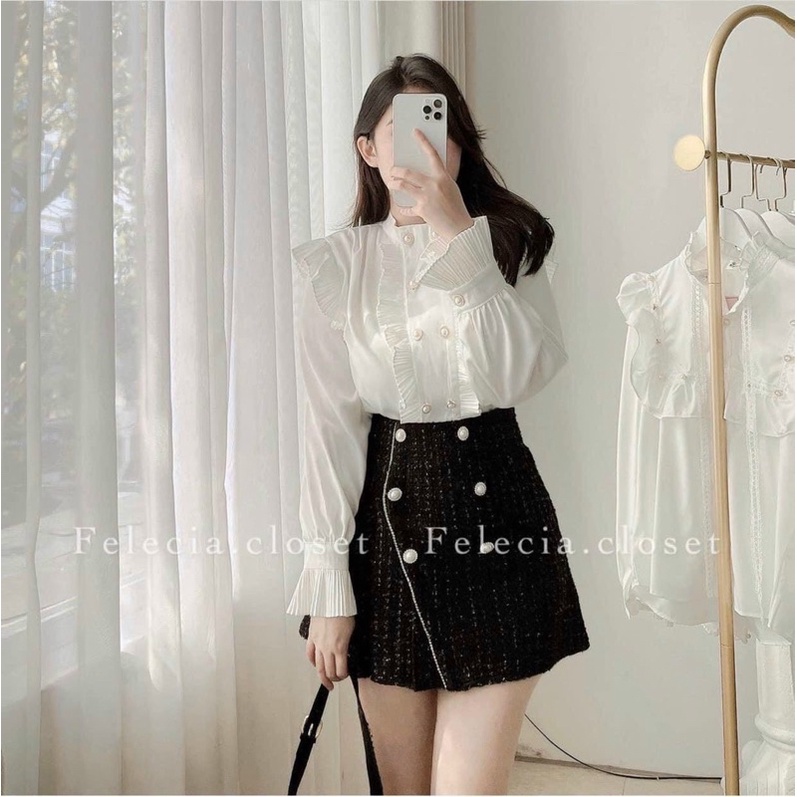 Áo sơ mi thô mềm bèo dập ly  2 hàng khuy ngọc