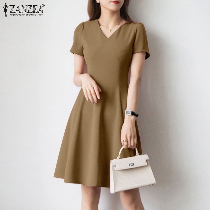 Đầm ZANZEA dáng ôm tay ngắn cổ chữ V thời trang cá tính