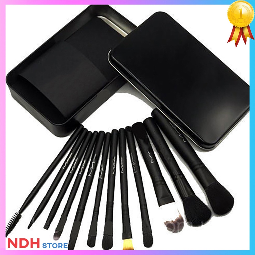 BỘ CỌ TRANG ĐIỂM 12 CÂY KÈM HỘP (Đen) - Đánh phấn, đánh mắt, phủ phấn, đánh kem, vẽ mày, mí, tán phấn , cọ má hồng