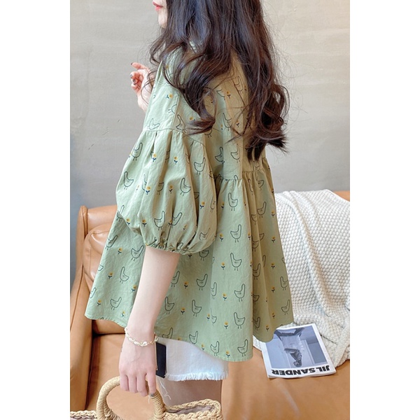 Áo Sơ Mi Tay Phồng Cổ Tròn Bằng Vải Lanh Cotton Họa Tiết Hoa Phong Cách Hàn Quốc Thời Trang Mùa Hè Mới Cho Nữ