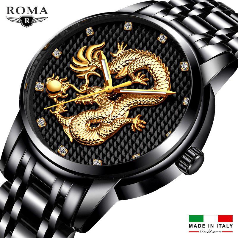 Đồng Hồ Nam ROMA Mặt Rồng Dây Thép Đúc Đặc + Khoá Bướm Cao Cấp Máy Nhật Chống Nước Thời Trang Cho Nam