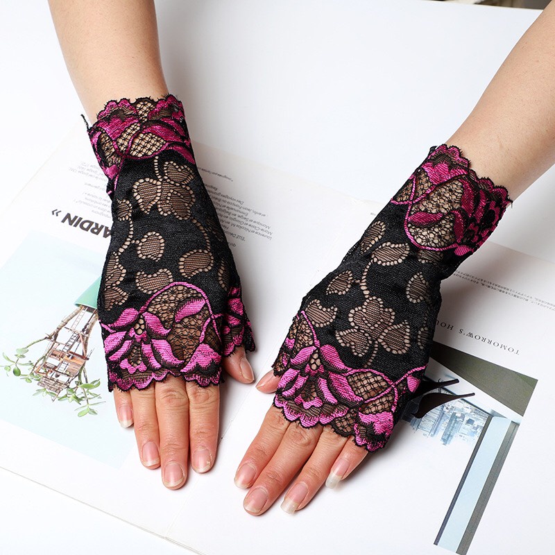 Găng tay lửng che nắng xỏ ngón họa tiết ren 4 màu  Xanh dương,Xanh lá,Xám đất,Hồng phấn cho phụ nữ