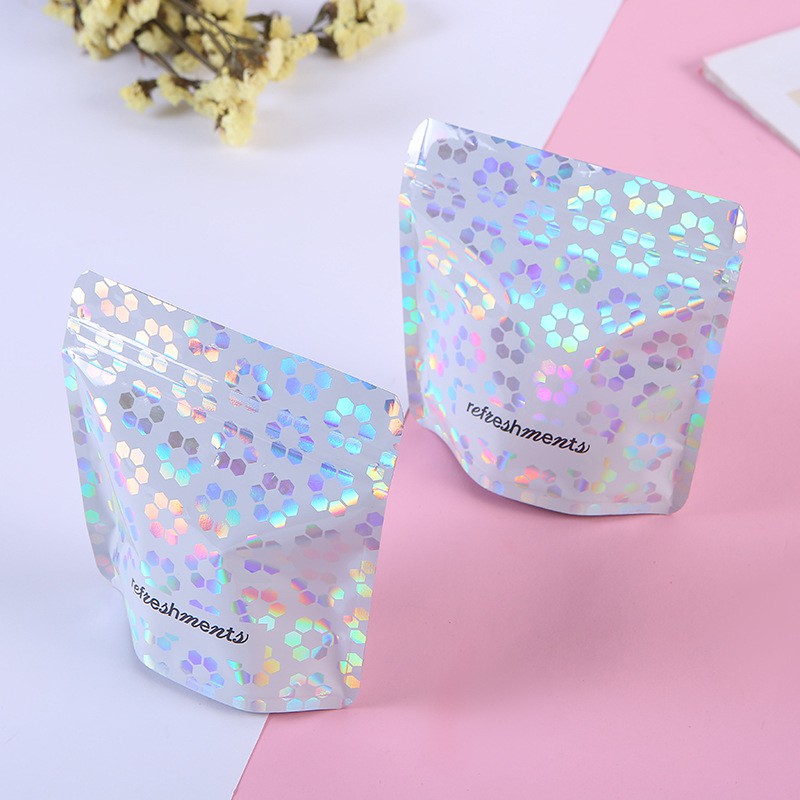 100 Pcs glossy Colorful print luxuary gift bag stand up Ziplock Bag EVA/PE compound For present cosmetics watch jewelry storage