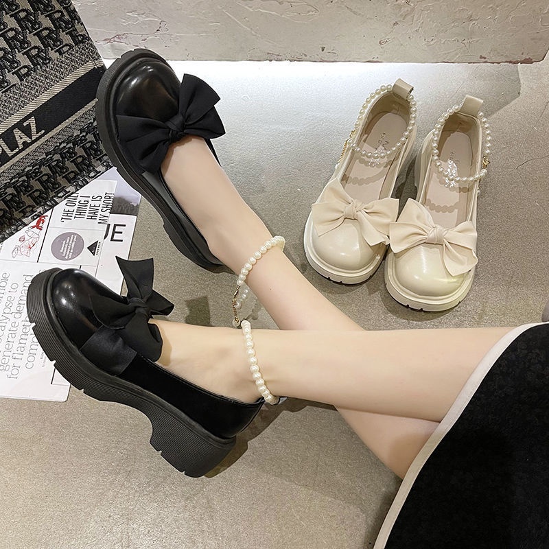 Hàng Có Sẵn Mới Về Giày Mary Jane Bằng Da Đế Dày Đính Nơ Và Ngọc Trai Thời Trang Xuân Hè