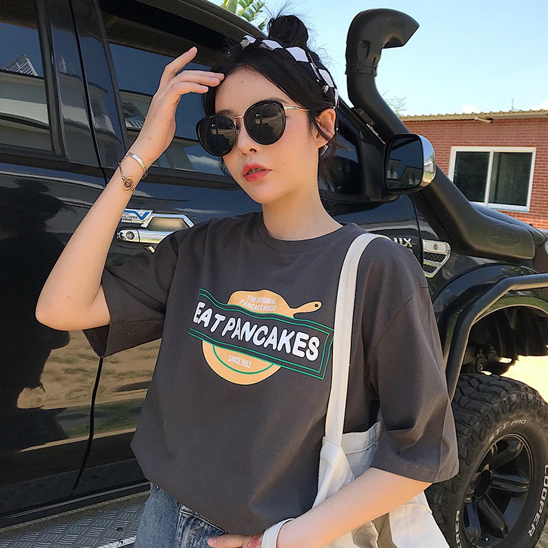 Áo thun nữ nam unisex tay lỡ phông form rộng teen cổ tròn oversize cotton PANCAKE giá rẻ màu đen trắng tee pull freesize