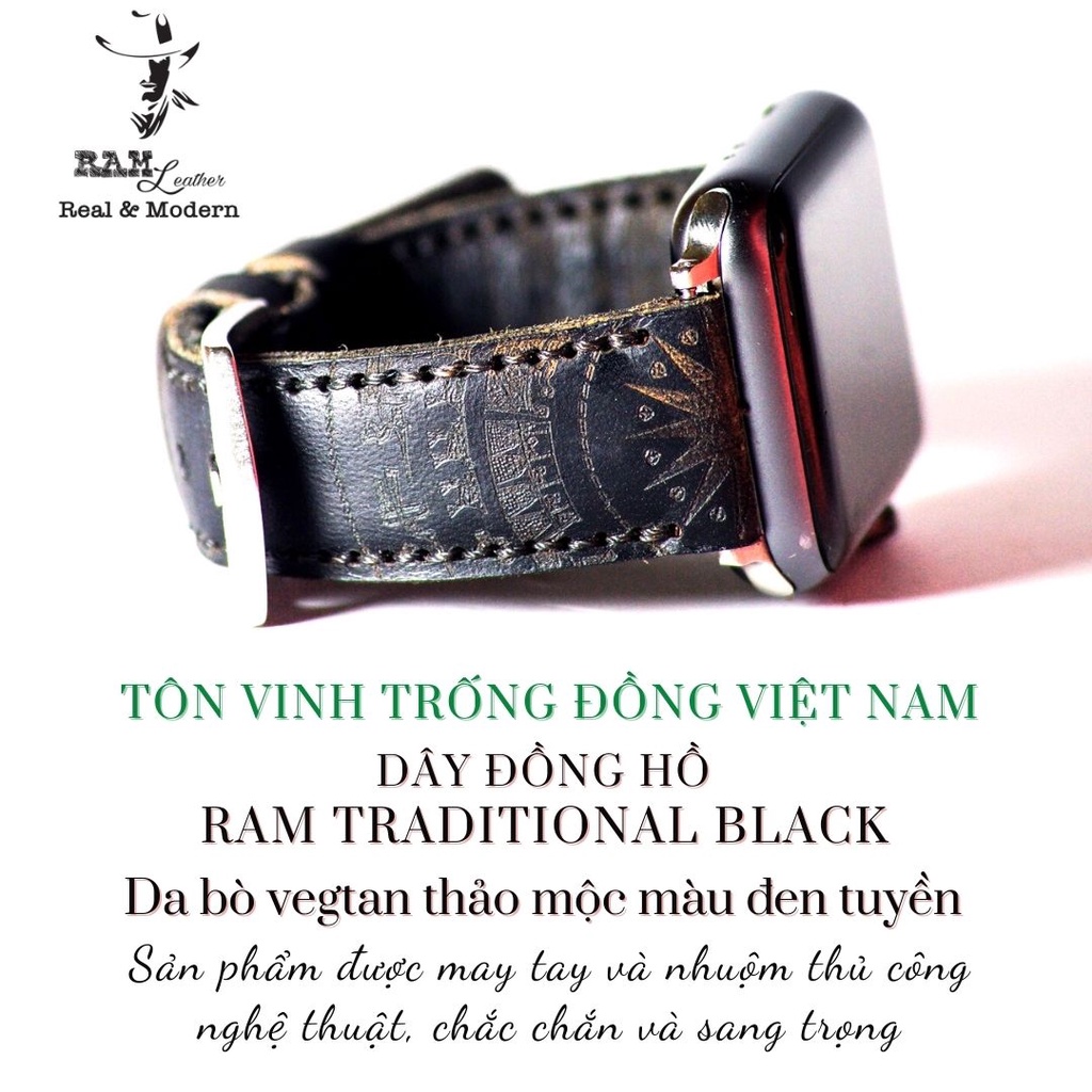 Dây đồng hồ RAM Leather vintage da bò Italia Vegtan Trống Đồng Việt Nam màu đen