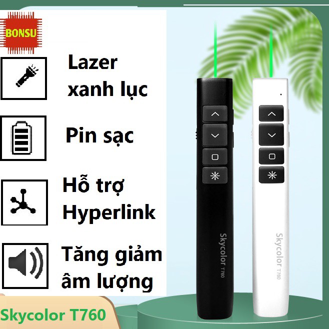 Bút trình chiếu Skycolor T760 đèn Lazer màu xanh, dùng cho màn hình TV, màn máy chiếu, có pin sạc lại