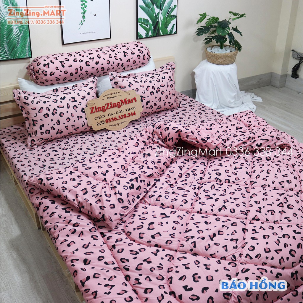 Bộ Ga Gối Poly Ga trải giường | Bộ Drap giường Da Báo Hồng ( 1 ga + 2 vỏ áo gối ) - ZingZingMart