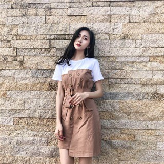 ORDER Đầm kate phối áo thun trắng kèm đai